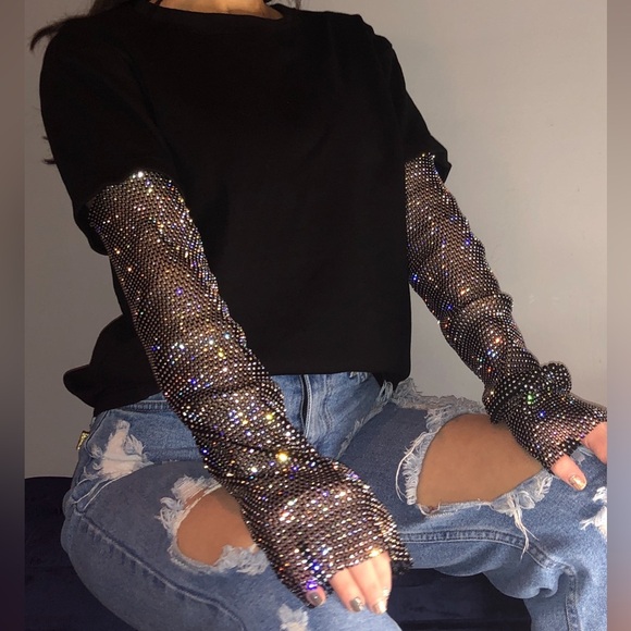Black shirt with rhinestone sleeves. - Picture 1 of 4